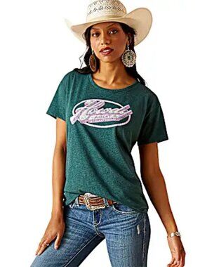 Ariat Women's Short Sleeve Tee in Dark Green with Pink Logo